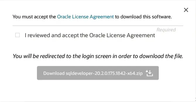 Chấp nhận Thỏa thuận cấp phép của Oracle để tải xuống nhà phát triển SQL