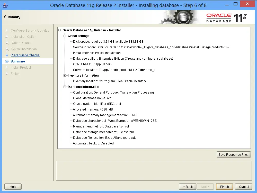Oracle Database 11G release 2 installation summary