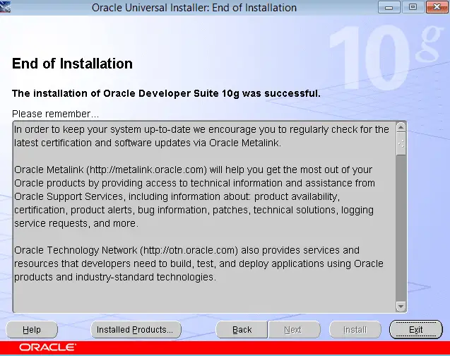 installation of Oracle Developer Suite 10g was successful