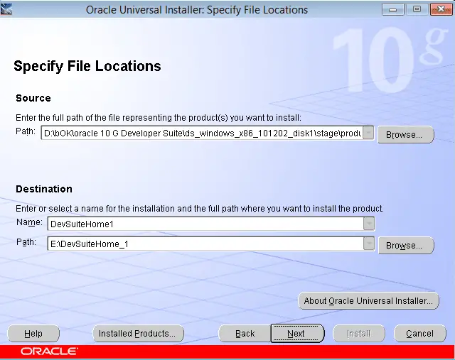 oracle universal installer specify file locations for form 10g