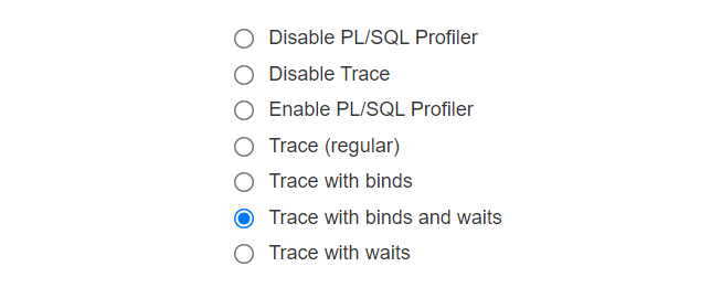 select trace with bind and waits option