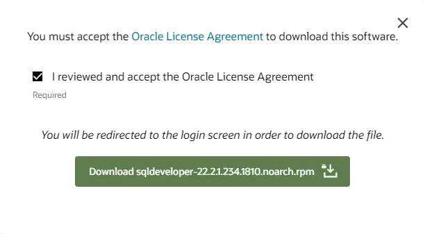 Accept terms and download SQL Developer
