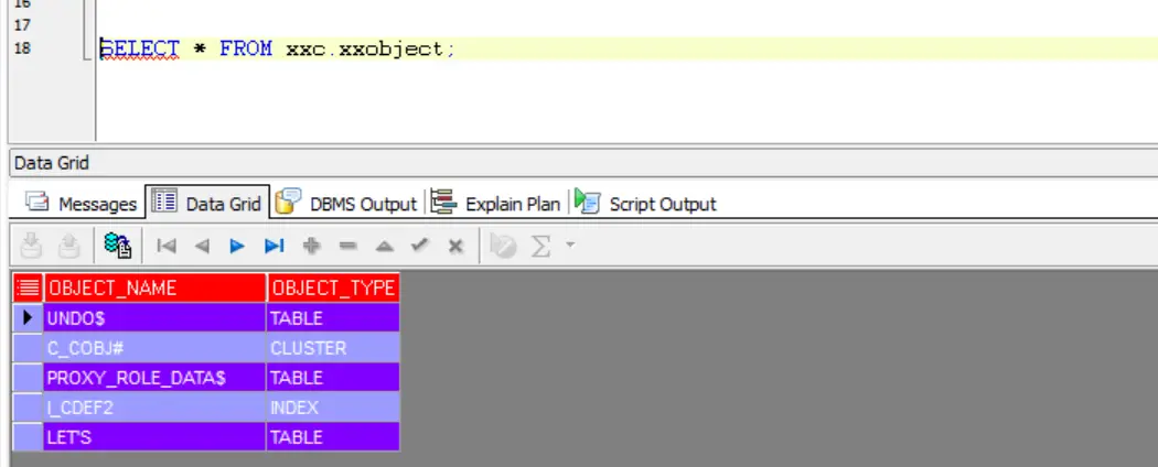 xxobject table contents 