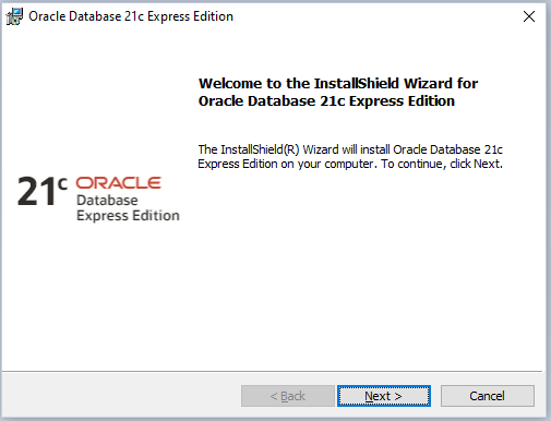 Oracle 21C express database install welcome page